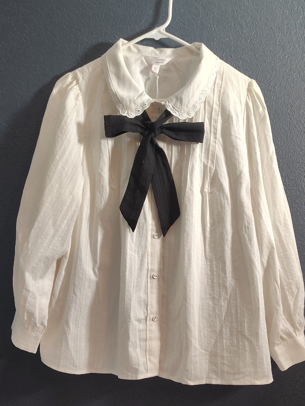 LC Lauren Conrad Ivory Preppy Feminine Cotton Collar Blouse with Black Tie